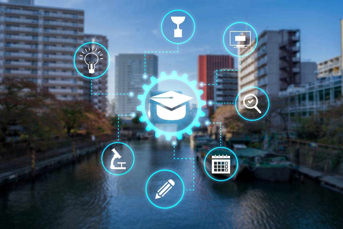 A professional banner representing Instructional Technology Services, featuring digital learning tools such as a laptop, tablet, cloud technology, online education icons, and educators collaborating in a modern learning environment. The design uses clean blue and white colors to emphasize innovation, accessibility, and technology-enhanced education.